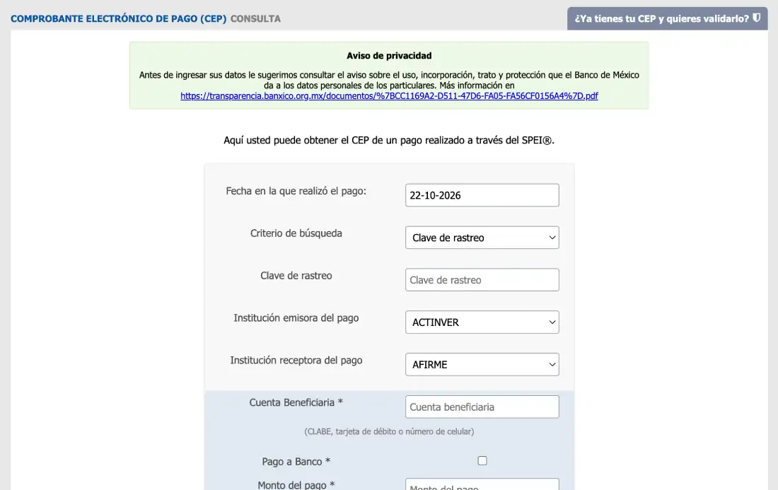 página de consulta del CEP de Banxico